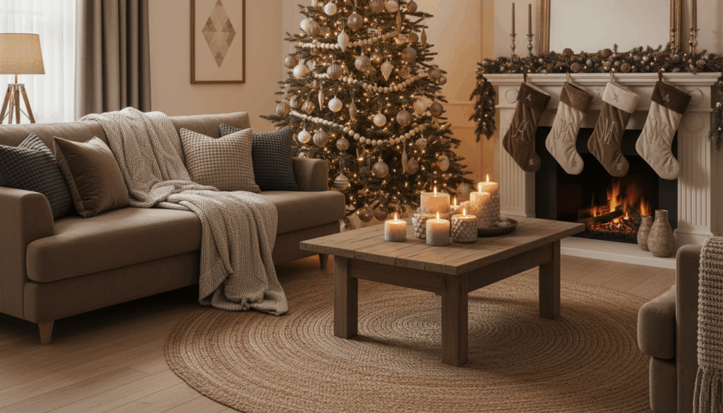 Cozy living room decorated for Christmas with a warm neutral palette featuring a lit tree with matching ornaments, a rustic wood coffee table topped with glowing candles, a beige sofa layered with textured blankets and pillows, and a fireplace adorned with garland and hanging stockings