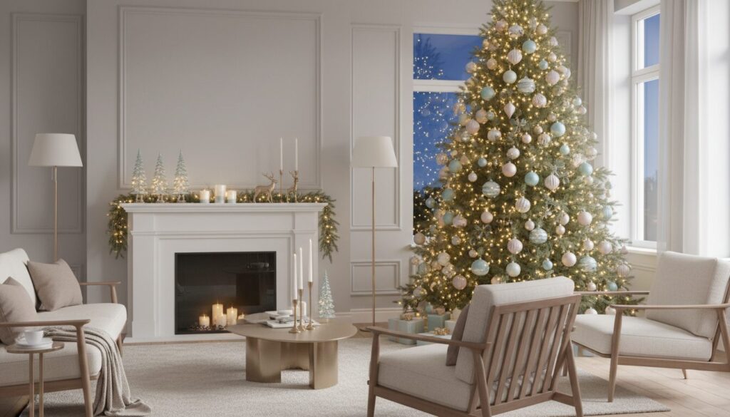 Bright living room with a tall Christmas tree decorated in soft blue, blush, and pastel ornaments, warm white lights, a white mantel with candles and miniature trees, and contemporary neutral furniture arranged around a modern coffee table