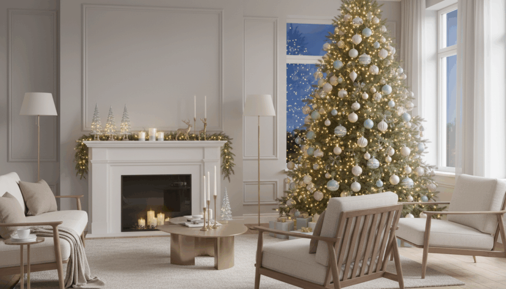 Bright living room with a tall Christmas tree decorated in soft blue, blush, and pastel ornaments, warm white lights, a white mantel with candles and miniature trees, and contemporary neutral furniture arranged around a modern coffee table
