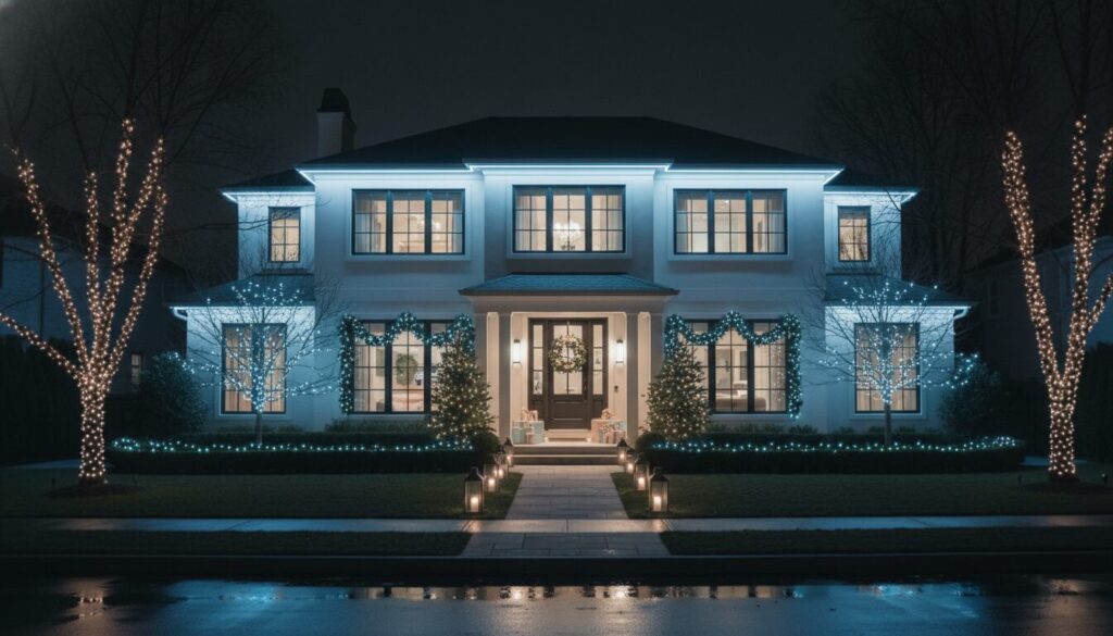 Large suburban home decorated with coordinated cool white and pastel blue Christmas lights, featuring illuminated rooflines, wrapped trees, garland around the windows and entry, pathway lanterns, and a wreath on the front door