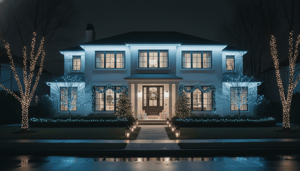 Large suburban home decorated with coordinated cool white and pastel blue Christmas lights, featuring illuminated rooflines, wrapped trees, garland around the windows and entry, pathway lanterns, and a wreath on the front door