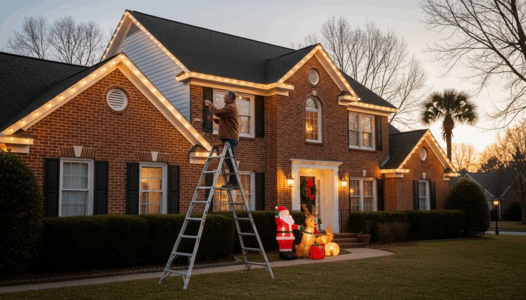 Homeowner on a ladder installing warm white Christmas lights along the roofline of a large brick house at dusk, with holiday inflatables and a wreath by the front door