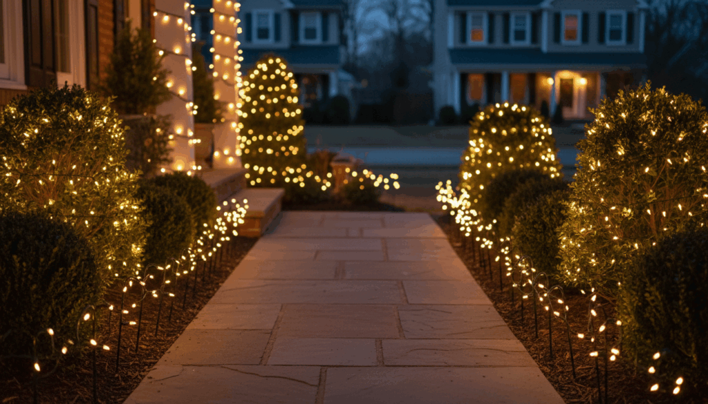 Walkway lined with warm white Christmas lights on stakes and shrubs wrapped in mini lights, creating a welcoming illuminated path to the front porch at dusk