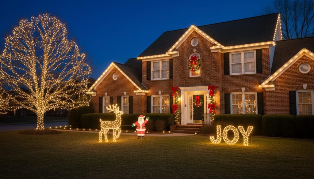 Brick home decorated with warm white Christmas lights on the roofline, a fully wrapped tree, illuminated reindeer and Santa figures, and a glowing JOY sign on the front lawn at night