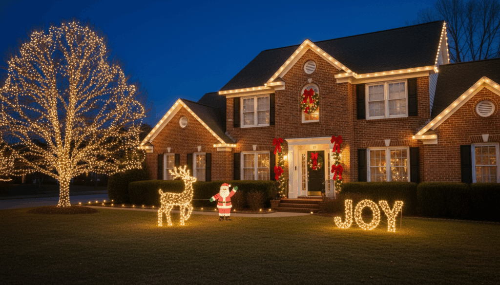 Brick home decorated with warm white Christmas lights on the roofline, a fully wrapped tree, illuminated reindeer and Santa figures, and a glowing JOY sign on the front lawn at night