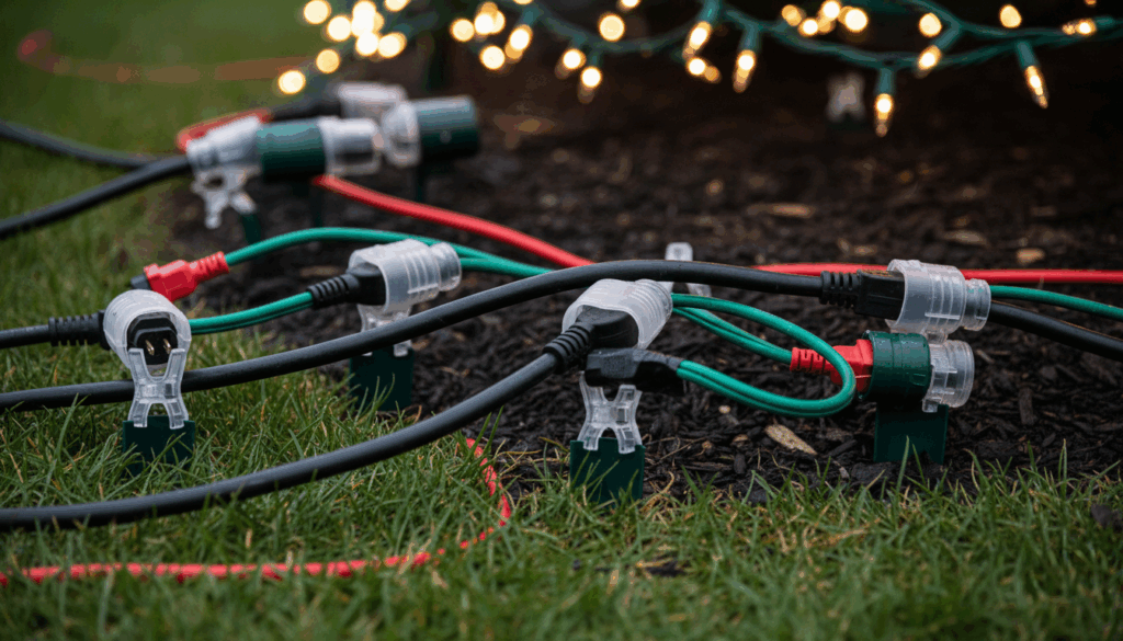 Outdoor Christmas light extension cords and connectors elevated above the ground with protective covers, arranged safely near a lit display in a yard