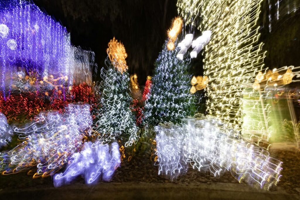A festive outdoor scene with trees and bushes decorated in colorful holiday lights, captured with intentional motion blur creating a swirling, abstract effect.